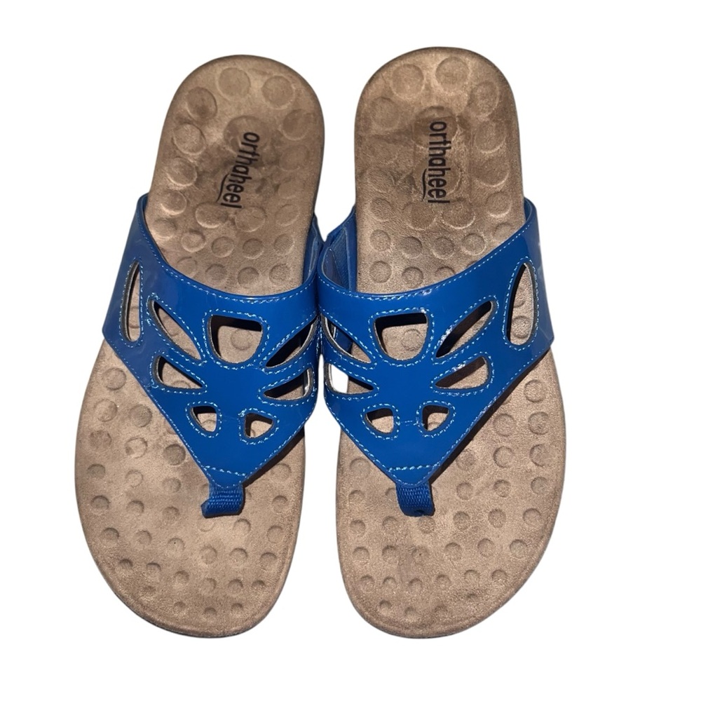 Vionic Orthaheel women's sandals in blue patent leather size 7.